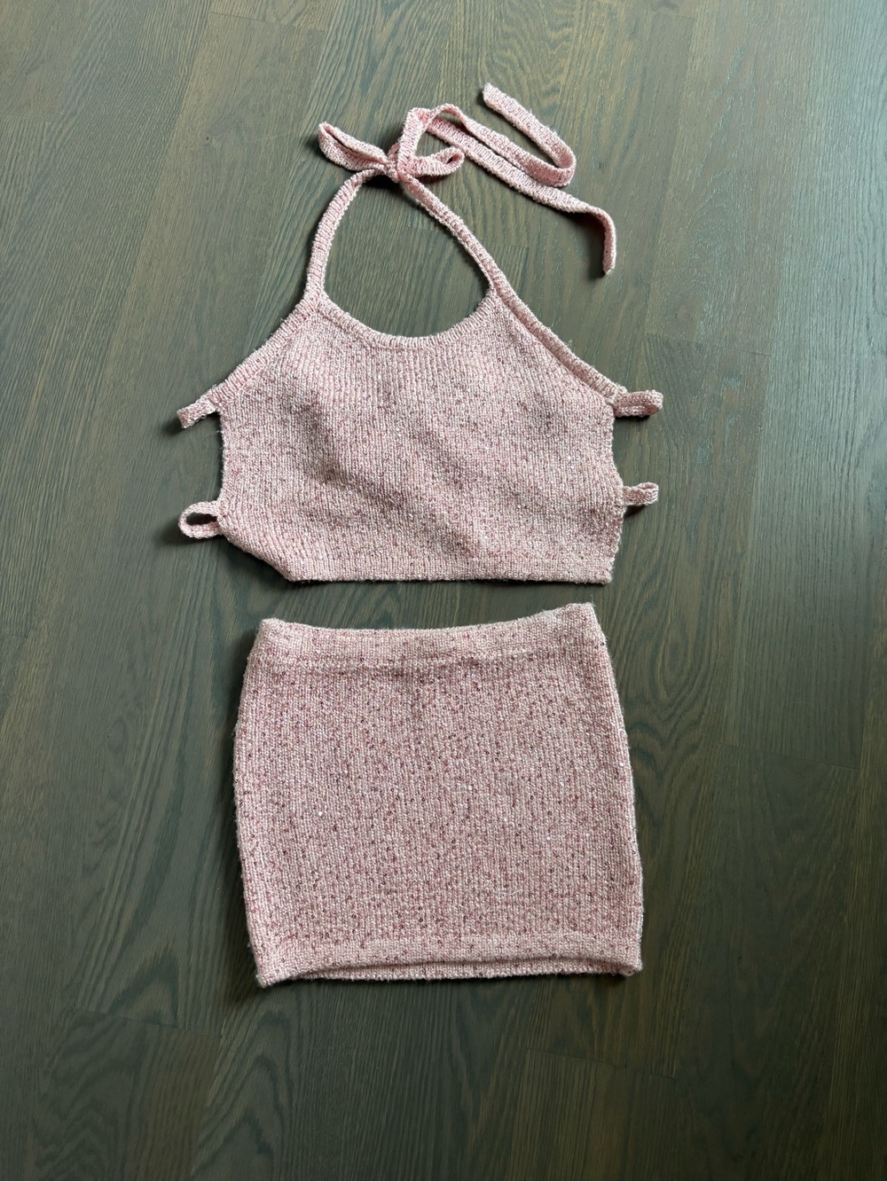 Edikted Blush Pink Sequin Knit Halter Top & Mini Skirt Set